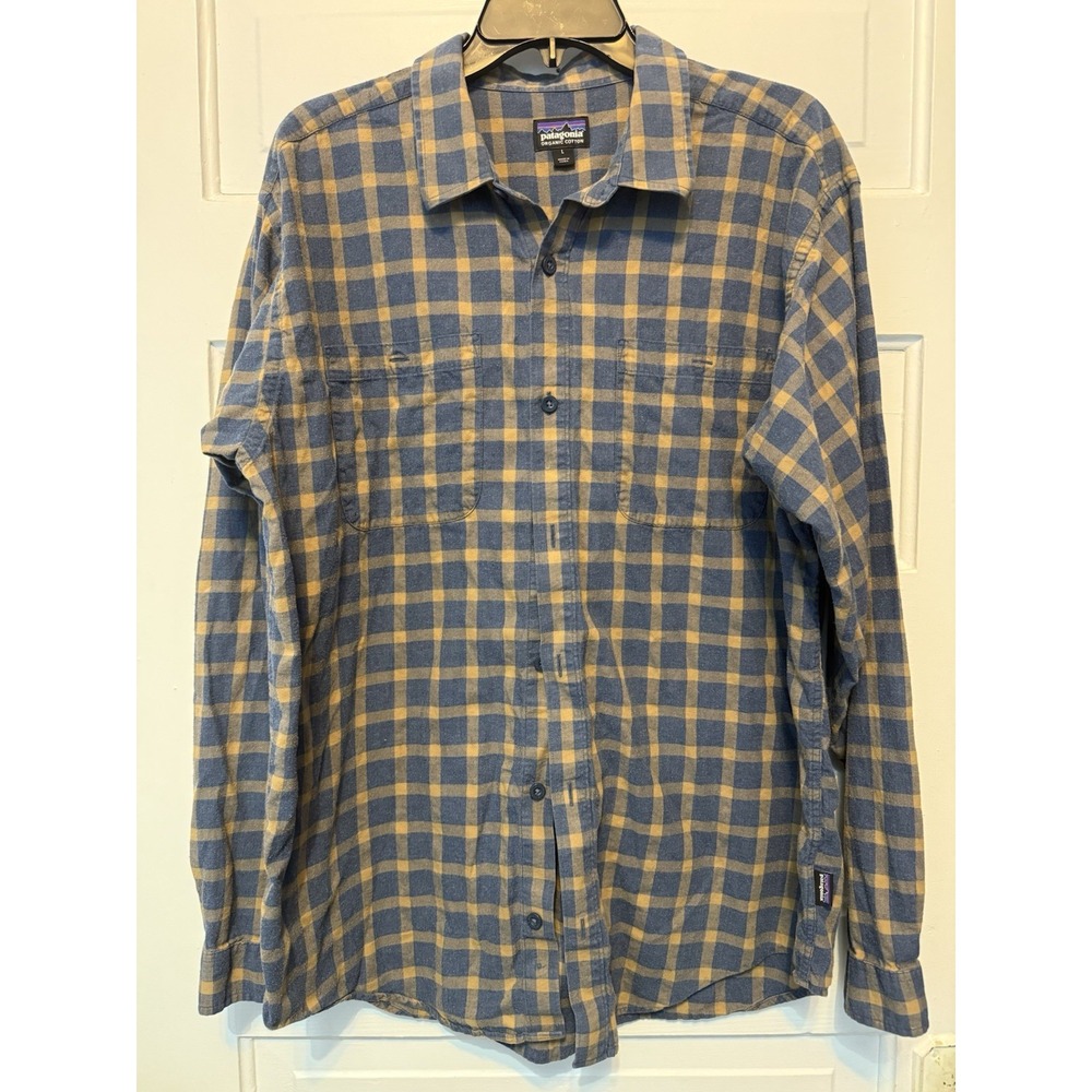 Patagonia Organic Cotton Plaid Flannel Shirt Men's Large Blue Brown Button Up